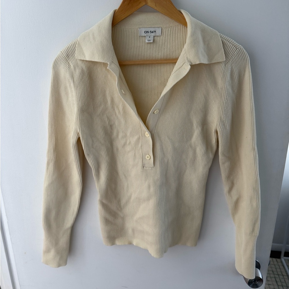 ON 34th Cream Ribbed Polo Blouse